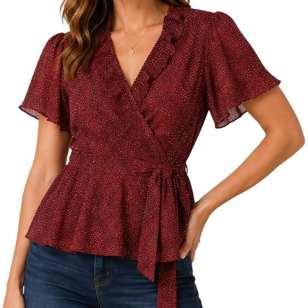 Monteau Los Angeles Red Leopard Print Peplum Wrap Top Women's Large